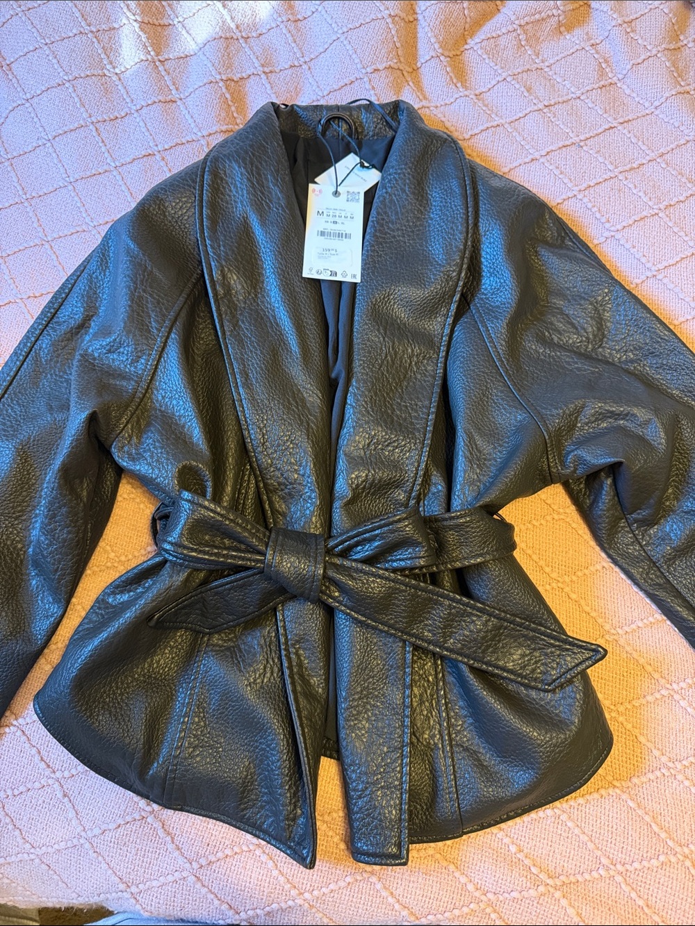 Zara Black Faux Leather Belted Jacket - Women